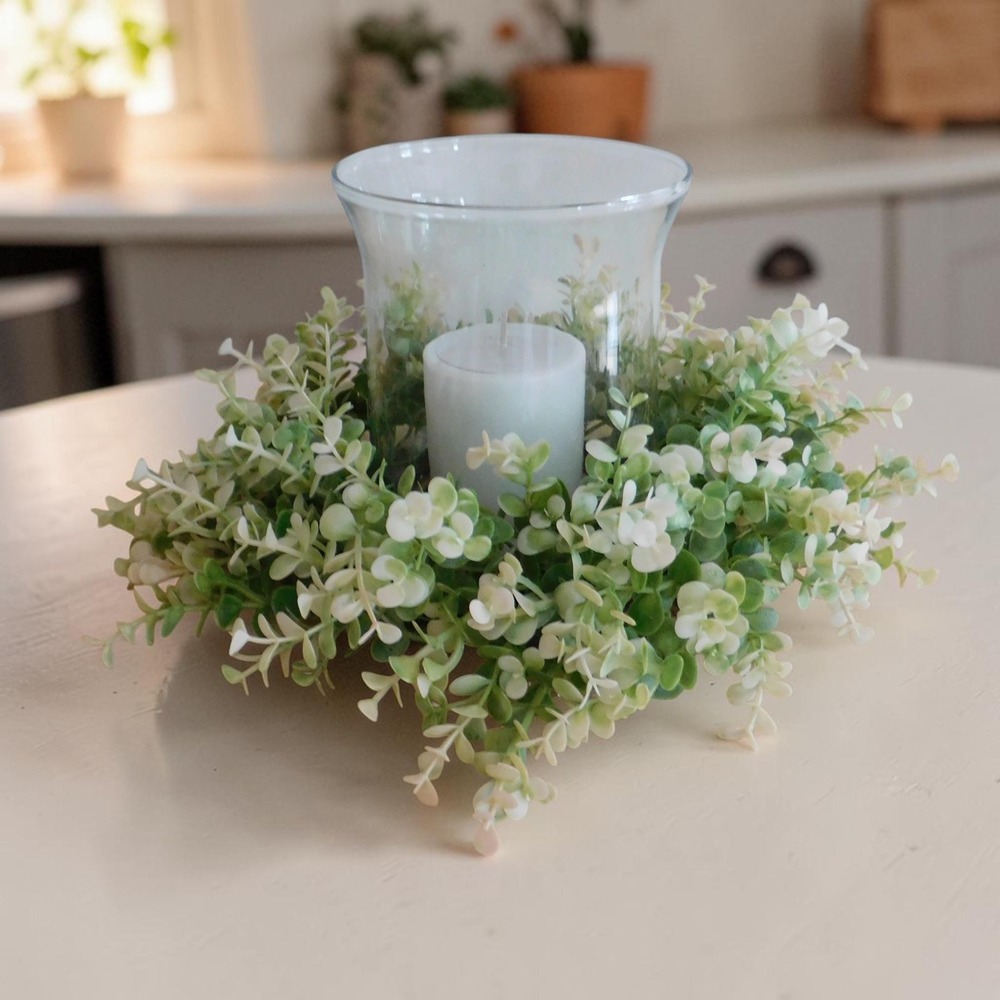 Neutral Faux Greenery Candle Ring Wreath, Everyday Year Round Decor